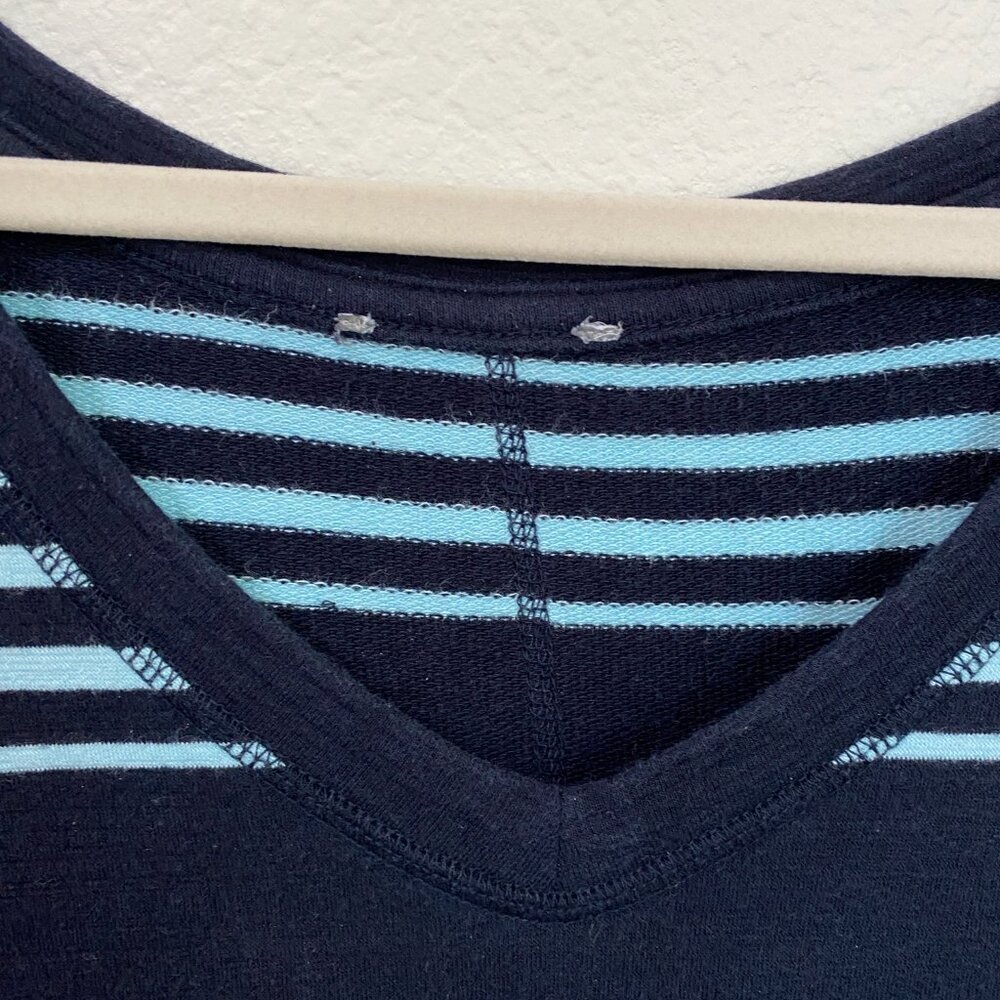 T By Talbots Terry Cotton Shift Dress Navy Stripe Button-Hem V-Neck - Picture 4 of 7